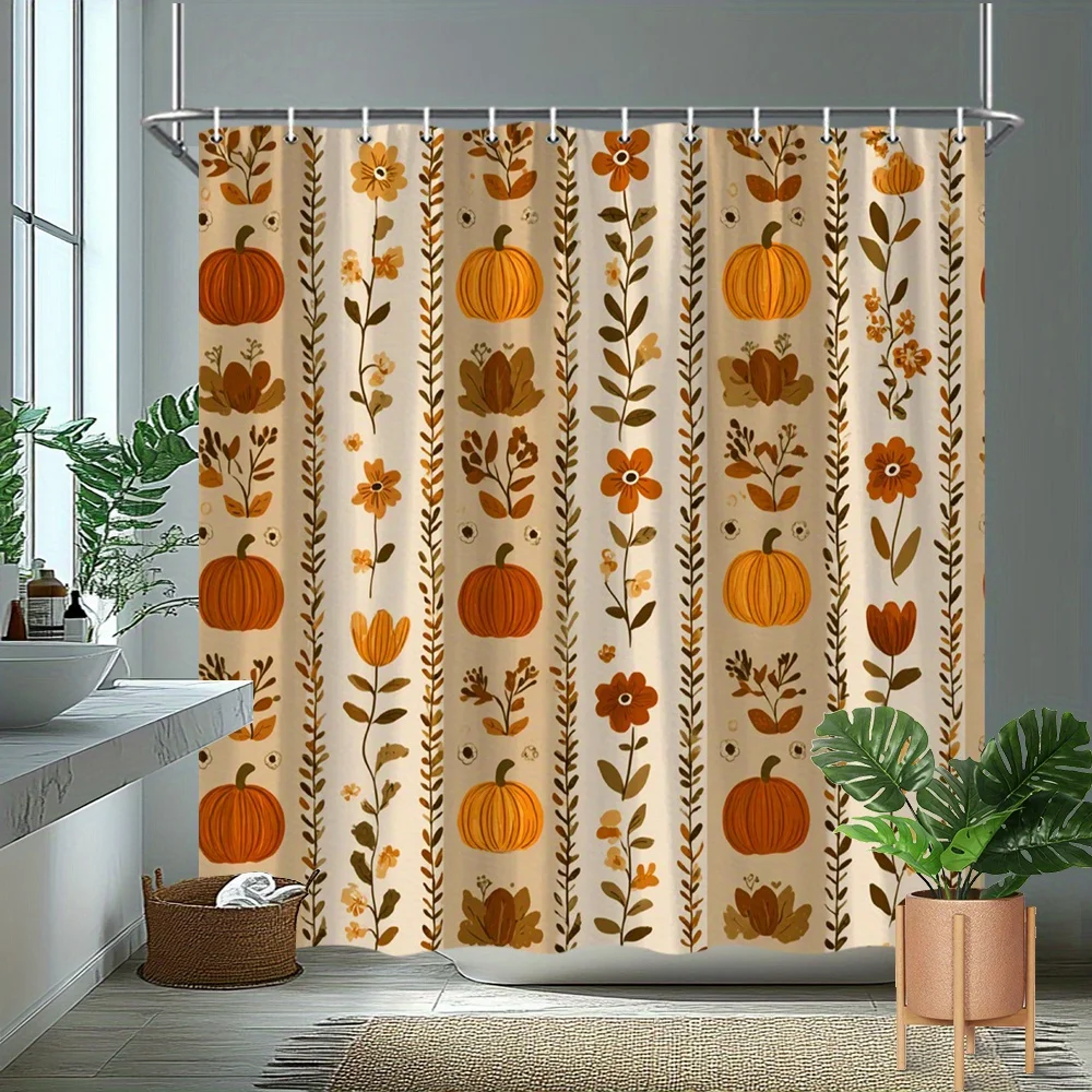 Fall Pumpkin Floral Shower Curtain, 70.8 x 70.8 Inch Polyester Bath Curtain with 12 Hooks, Cozy Autumn Bathroom Decor
