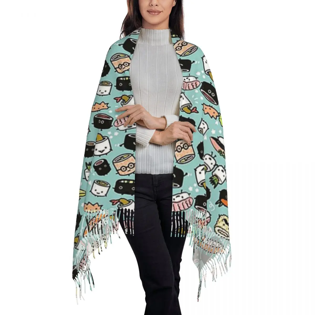 Cute Sushi Pattern Kawaii Sushi Characters Scarf Tassel Scarves for Women Soft Warm Shawls and Wraps Long Fall Winter Shawl Wrap