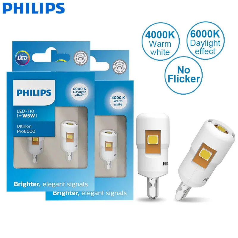 

Philips LED T10 W5W 194 Ultinon Pro6000 4000K 6000K Bright White Auto Turn Signal Lamps Car Interior Lamps No Error 11961, 2x