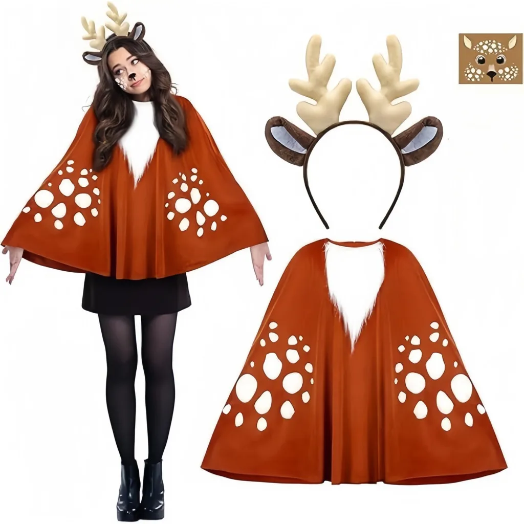 Deer Inspired Cape Antlers Headband Faux Fur Chest Detail White Spot Cloak Cosplay Halloween Parties Adult Kids Themed Events