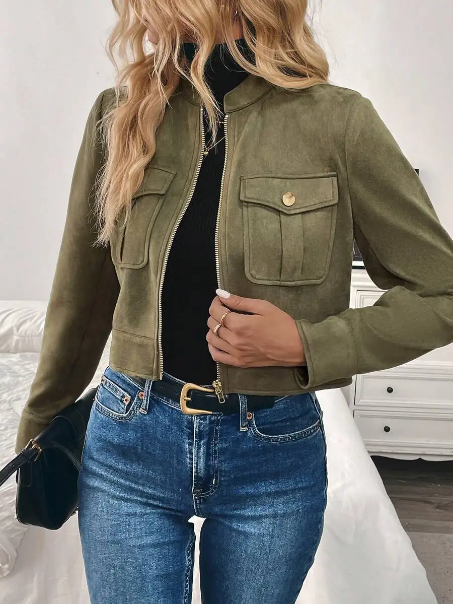 

Olive Green Suede-Feel Short Jacket with Front Zip and Flap Pockets