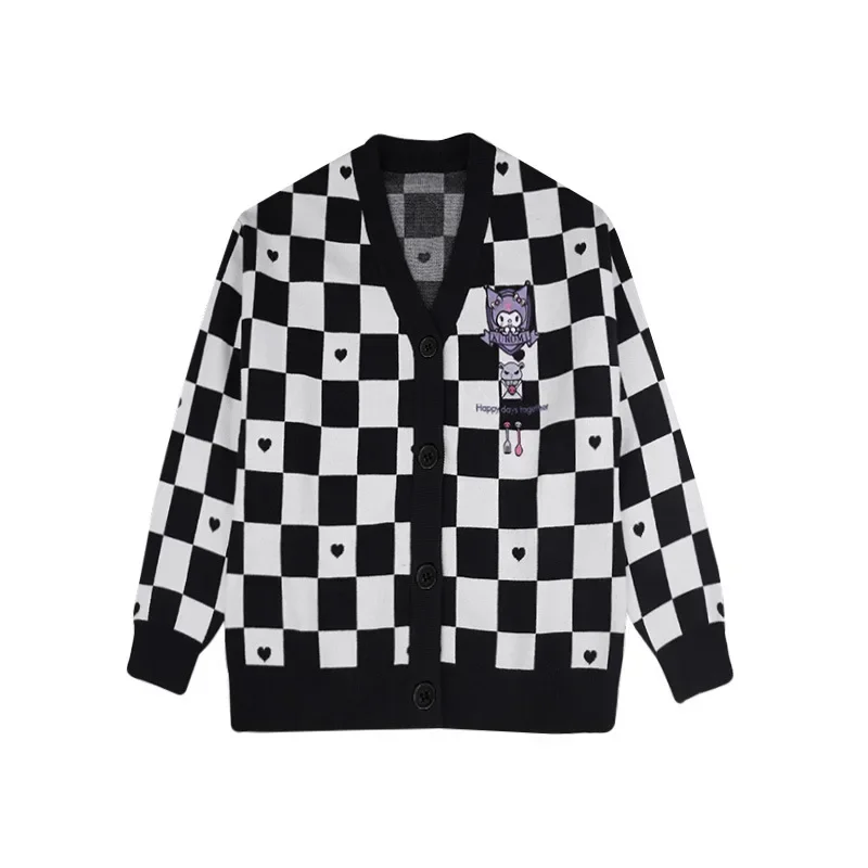 Sanrio autumn winter Kuromi pink girl sweater oversize loose cinnamoroll students fashion women Checkerboard knitted sweater