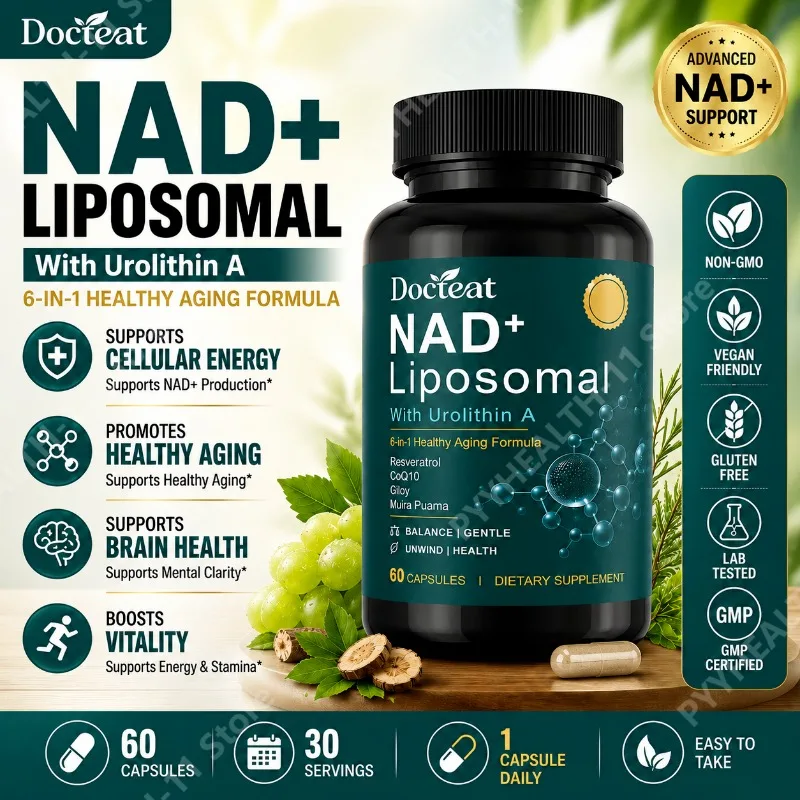 Docteat Liposomal NAD+ Capsules, Energy & Healthy Aging Support with Urolithin A Trans Resveratrol CoQ10, Men Women 60 Capsules