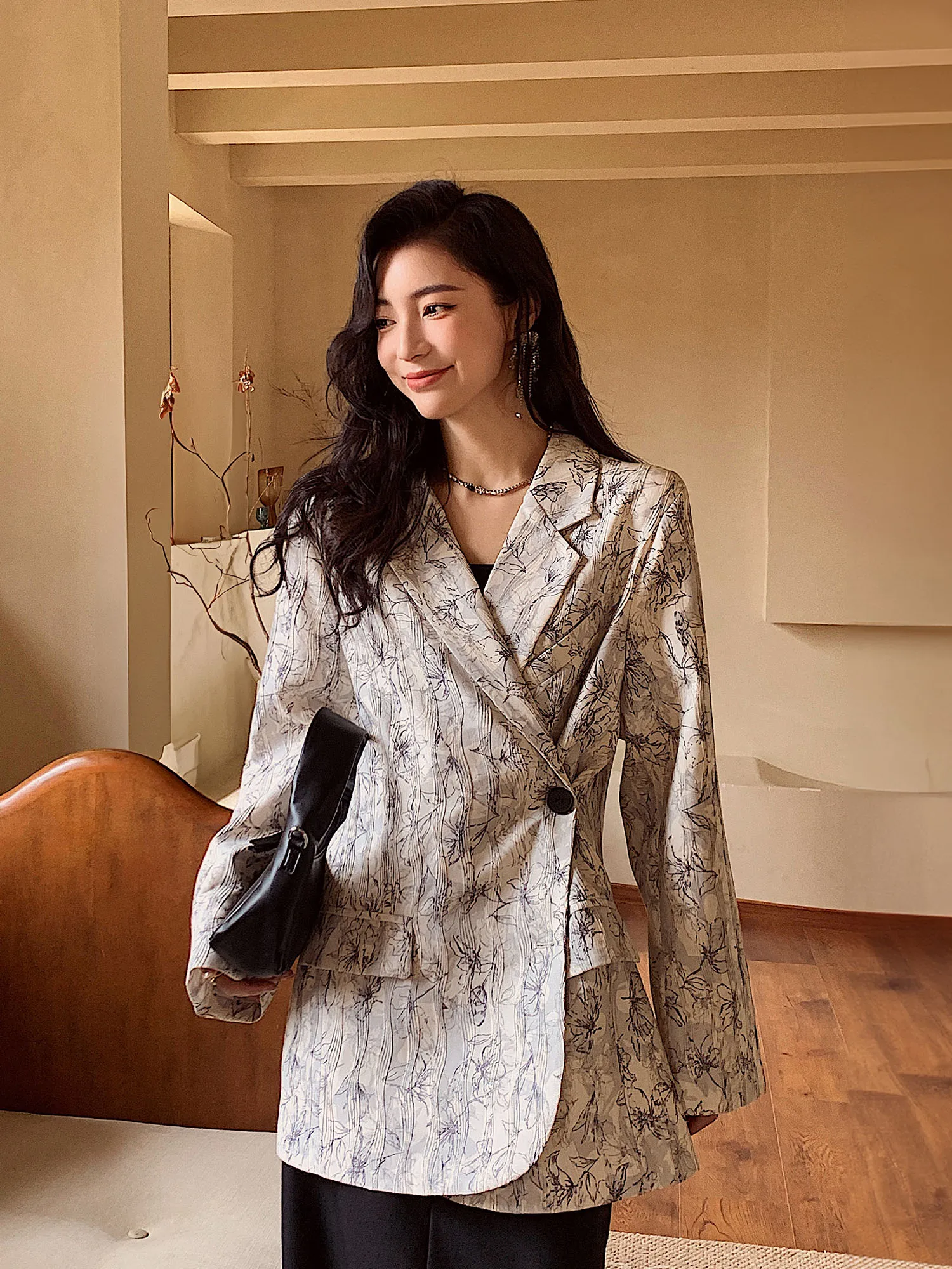 

MODOUSTUDIO Women's Suit Jaet Advanced Design Spring Autumn New Sle Retro Slimming Silhouette Commute Sle Long Sve