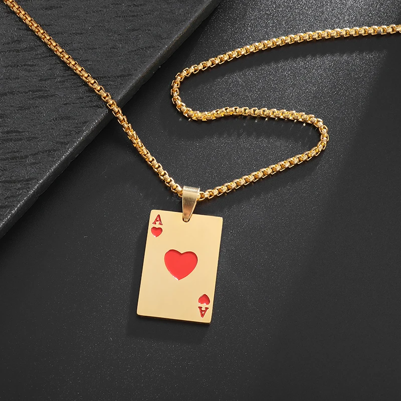 Stainless Steel Ace of Spades and Hearts Playing Card Pendant Necklace Women Men Punk Lucky Jewelry Accessory