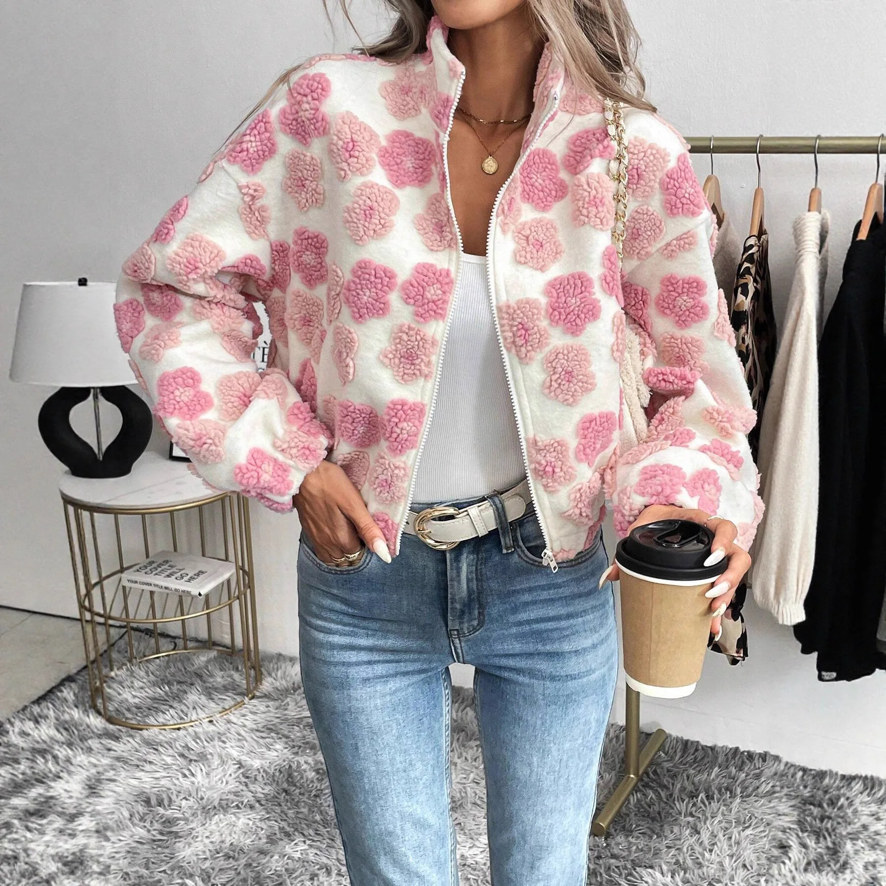 

2025 New Fashion Printed Zipper High Collar Jacket Women Autumn Casual Loose Solid Color Long Sleeve Jacket For Women