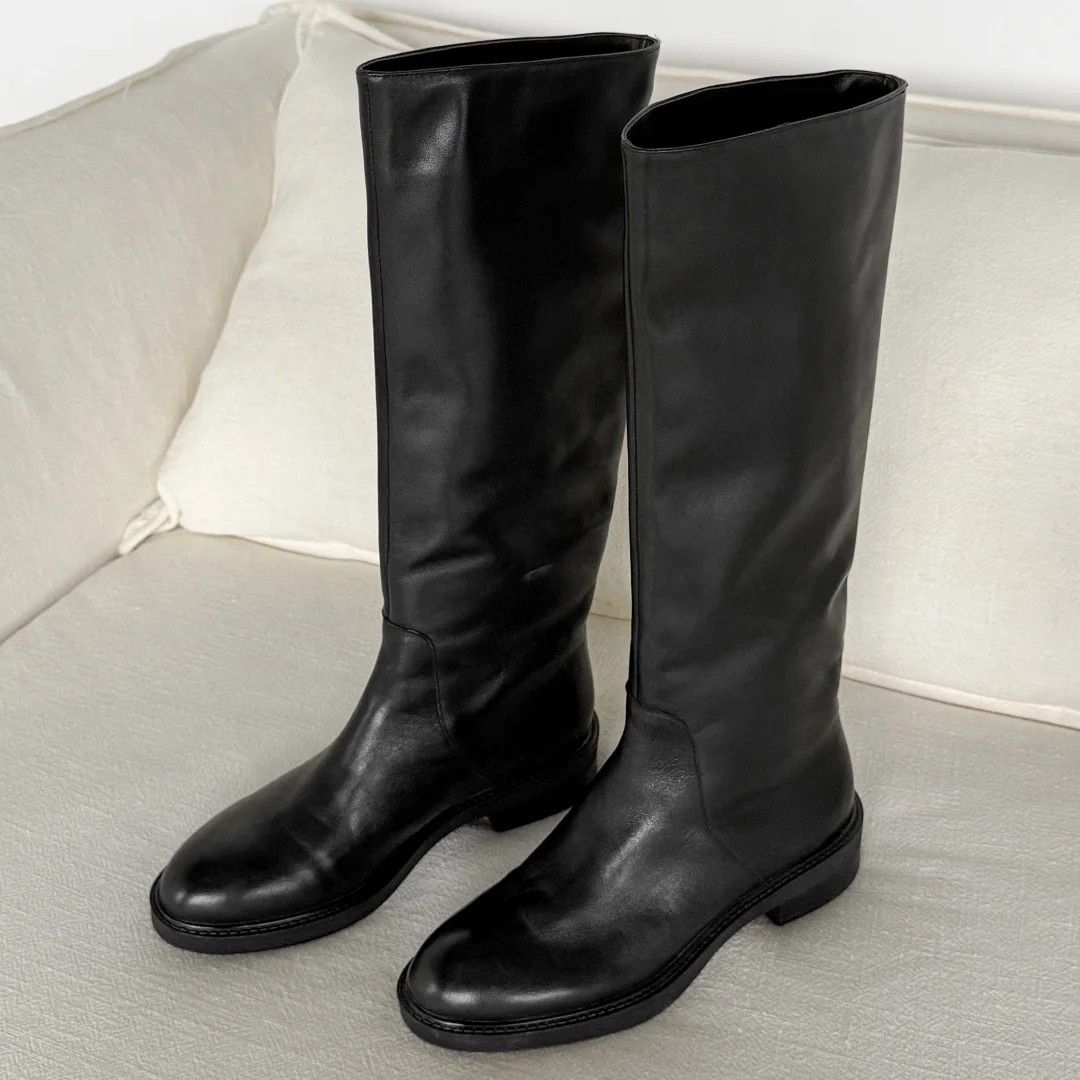 Danxuefei المرأة جلد البقر جولة تو الانزلاق على الخريف حذاء برقبة للركبة مطوي عارضة الإناث عالية الجودة لينة الراحة التمهيد الطويل #3