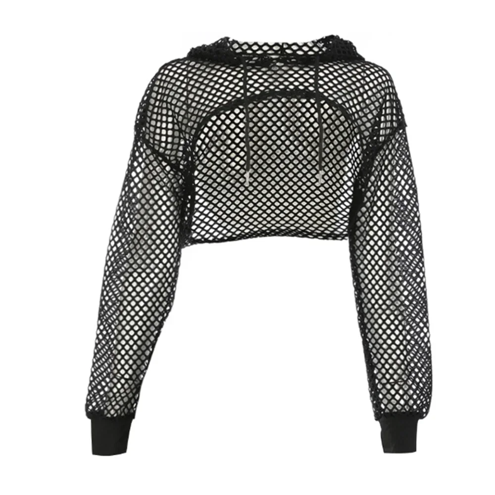 

Female See Through Tops Summer Sunscreen T-shirt Hollow Hooded Lace-up Mesh New Tops Transparent Women's Breathable