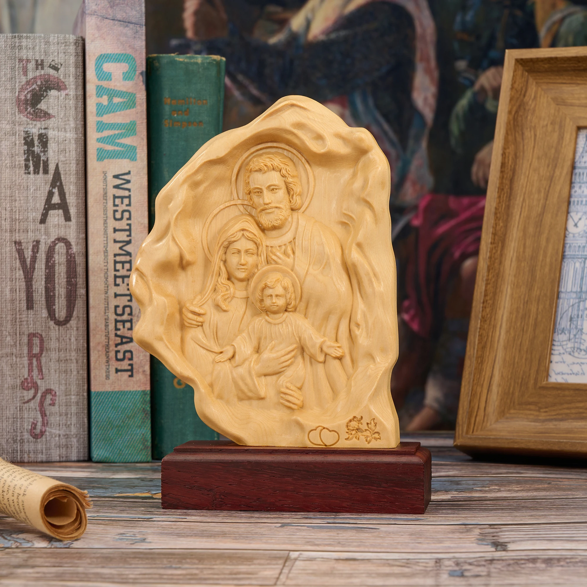 Hand‑Carved Light Boxwood Holy Family Relief Plaque Natural Edge Shape With Rosewood Base Catholic Religious Sculpture Believer