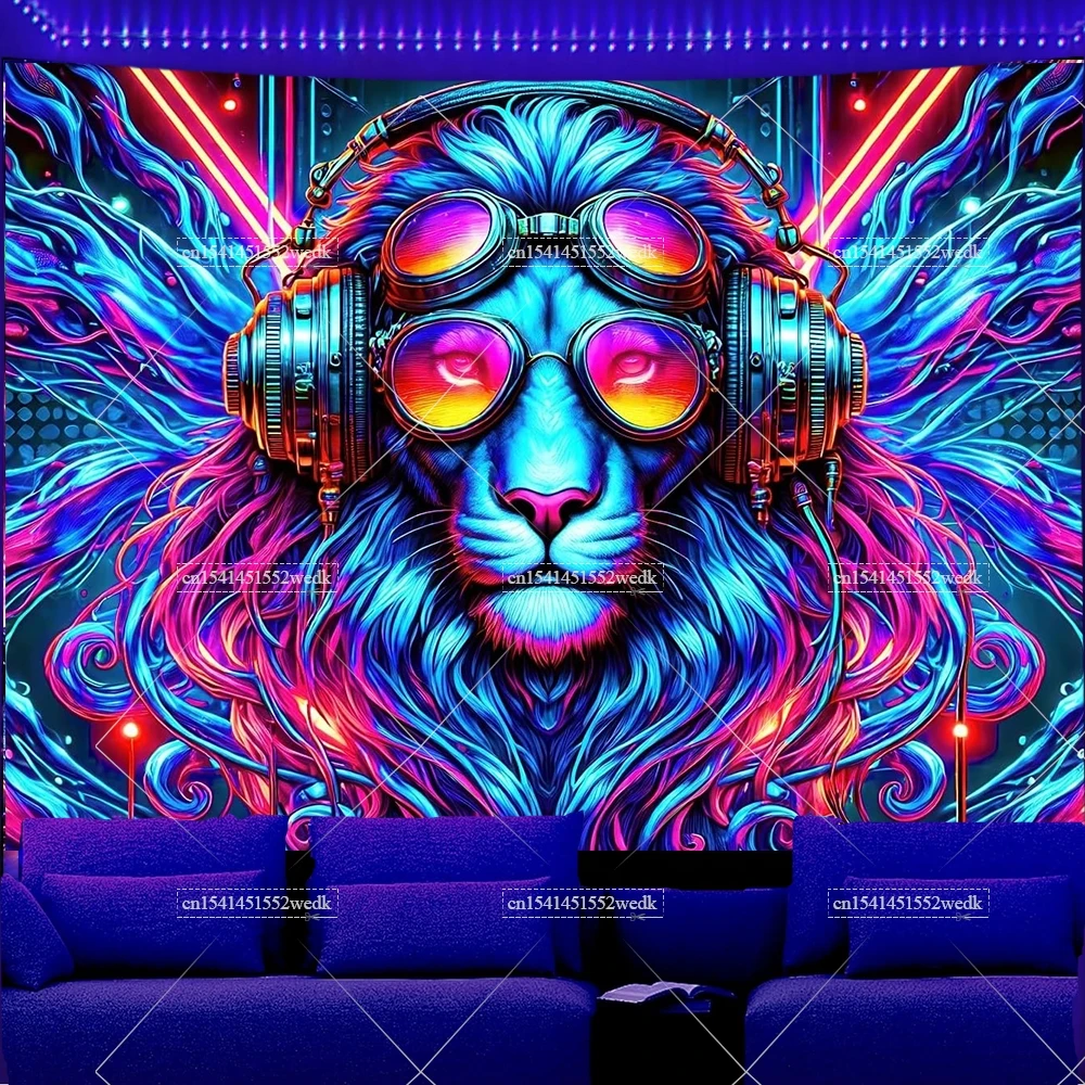 Blacklight Tapestry Music Animal Lion DJ Backdrop Party Tapestry Glow In The Dark Tapestry Fluorescent Wall Hanging Room Decor