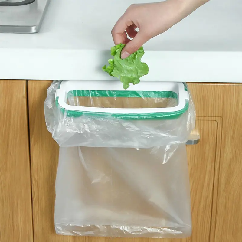 1pc Green Stylish Hanging Garbage Bag Rack with Cover Portable Kitchen Cabinet Rubbish Bag Plastic Rack Support Holder