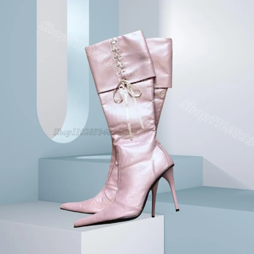 

Pink Pointed Toe Personality Boots Side Zipper British Style Spring Fashion Women Party Over Knee Boots 2025 Zapatos Para Mujere