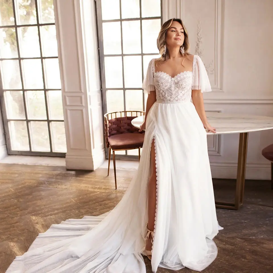 Custom Made Elegant Plus Size Trouwjurken Hals Side Slit Lace Wedding Bruid Jurken Met Mouwen Een Lijn Vestido de Novia