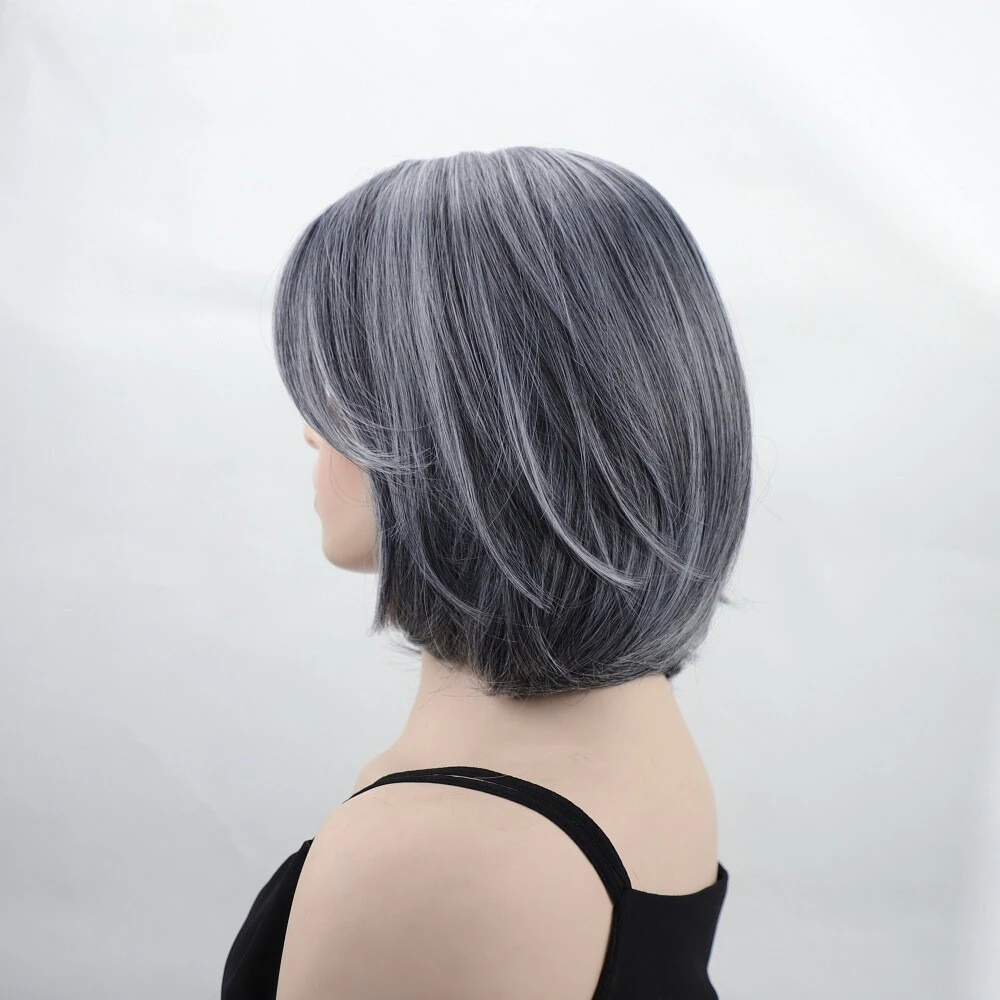 แฟชั่นสั้นตรงใหม่สีเทาผมบ๊อบสำหรับผู้หญิงวัยชราวิกผม