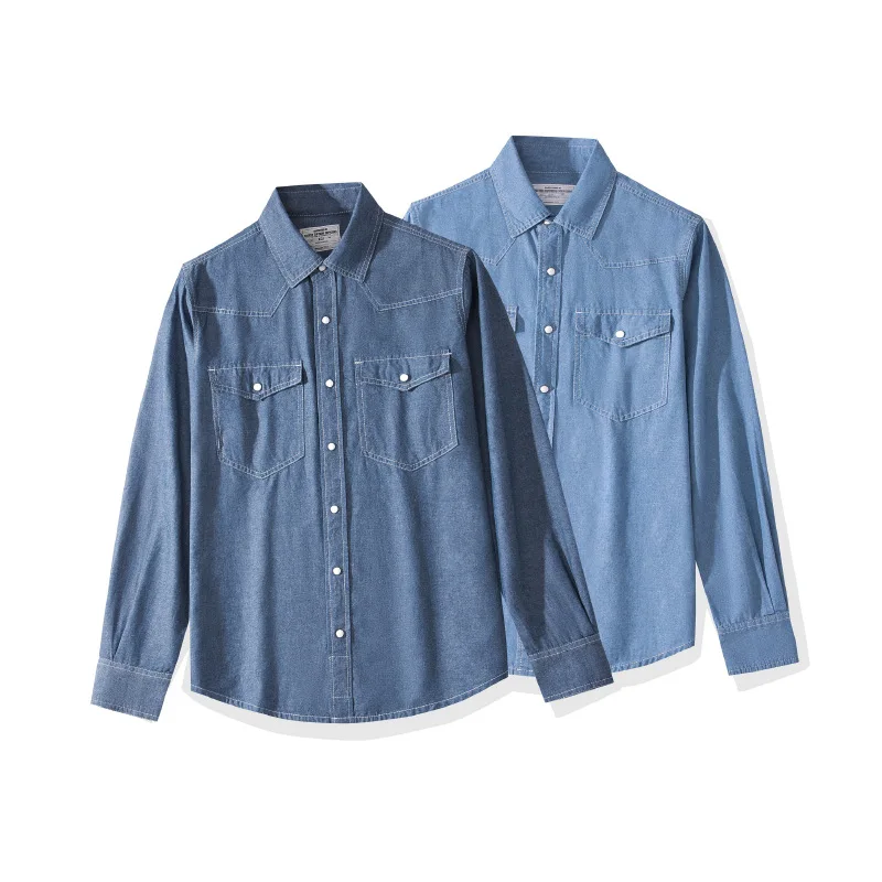 OKONKWO Jugend-Chambray-Oxford-Langarmhemd im europäischen Stil, Outdoor, Trekking, Klettern, Reisen, Sport, Western-Bluse, Arbeitskleidung – Detail 1