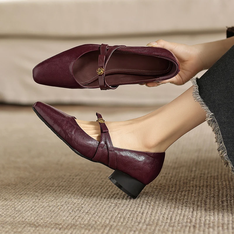 2026 new spring autumn women pumps natural leather plus size 22-26cm sheepskin+pigskin square toe buckle mary janes women shoes