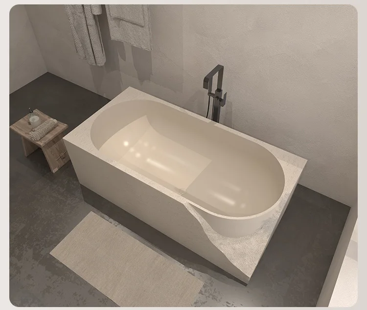 

Asymmetrical Designer Tub for Hotel & Home Easy-Clean & Heat Retaining Body Contour Wabi-Sabi Cultured Travertine Bathtub