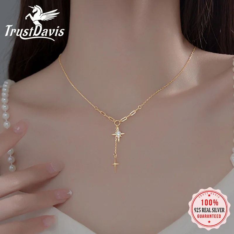 TrustDavis Real 925 Sterling Silver Choker Necklace Star Cross Tassel Shiny CZ Necklace For Women Wedding Party Jewelry DA2624