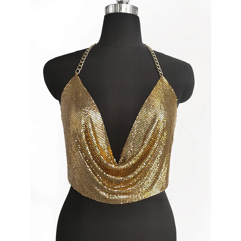 JHJN-Chaleco con lentejuelas y diamantes brillantes, estilo discoteca, cadena de Metal Sexy, cuello en V, Top sin espalda