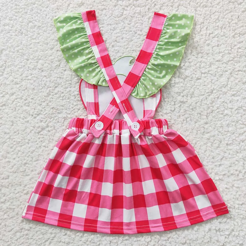 Wholesale Baby Girl Summer Embroidery Watermelon Strawberry Short Sleeves Kid Red Plaid Dress Children Toddler Suspender Clothes