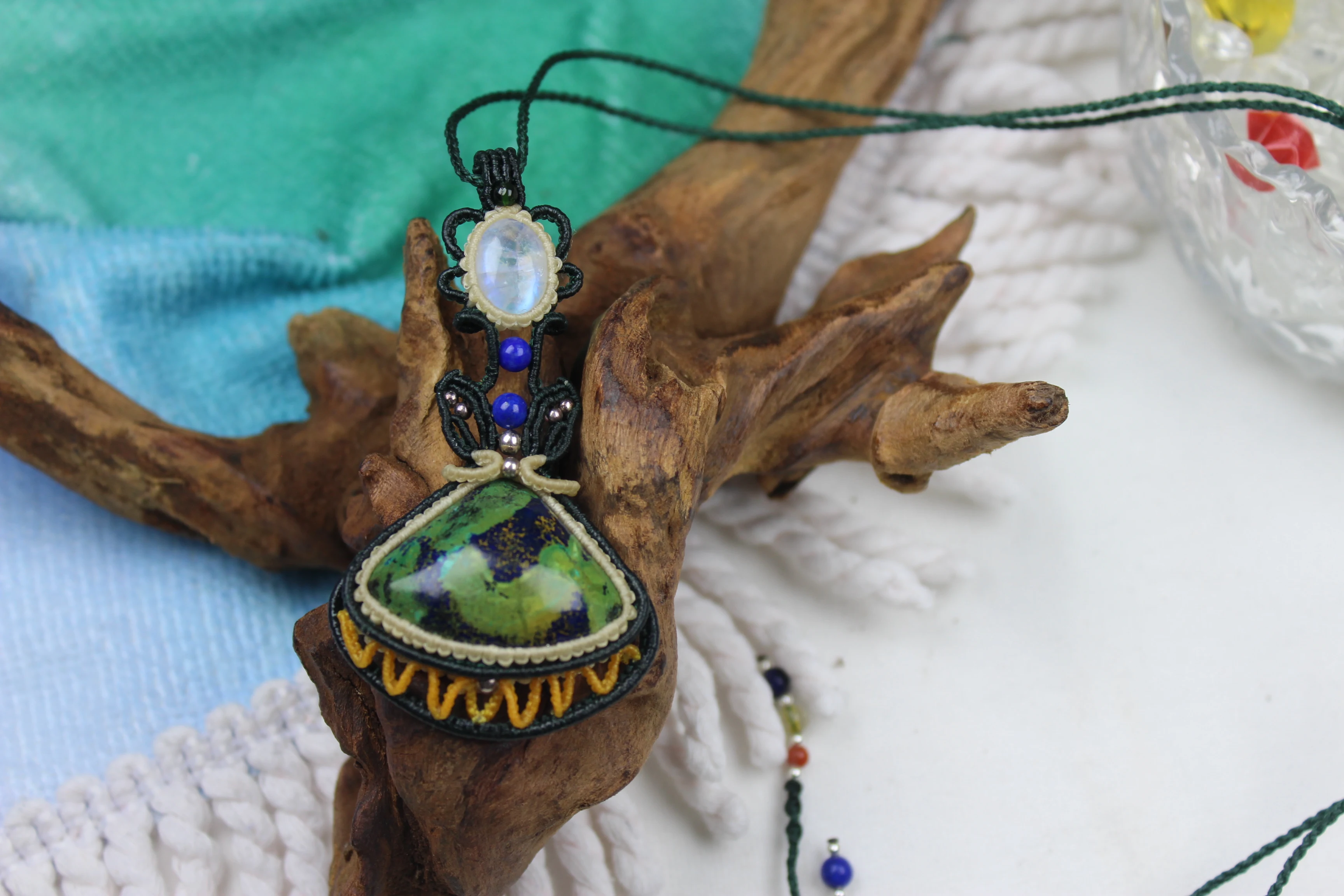 

Macrame Handmade Wax Polyster Cord Woven Fan-shaped Azurite Natural Stone Necklace wih Moonstone Exclusive Custom Design Gift