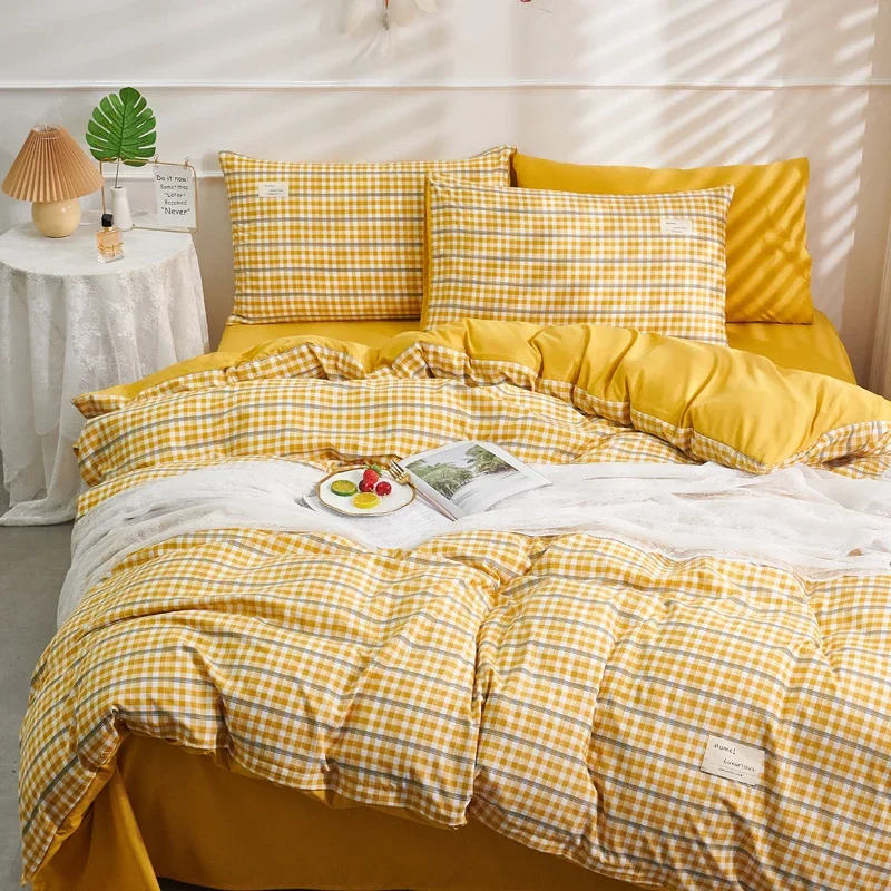 Fashion Bedding Set Nordic Double Bed Linens Queen Size Duvet Cover Pillowcase with Classic Grid Flat Sheet for Kids & Ad