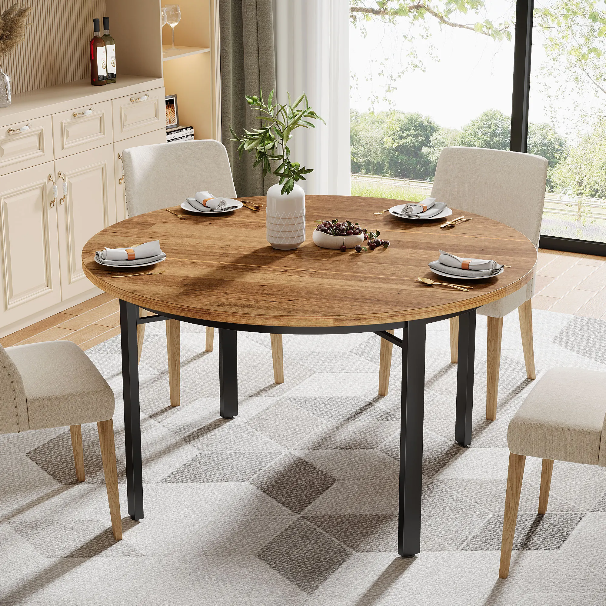 Mesa de comedor redonda Tribesigns - Mesa de cocina de granja de 118 cm con patas de metal macizo, marrón rústico y negro