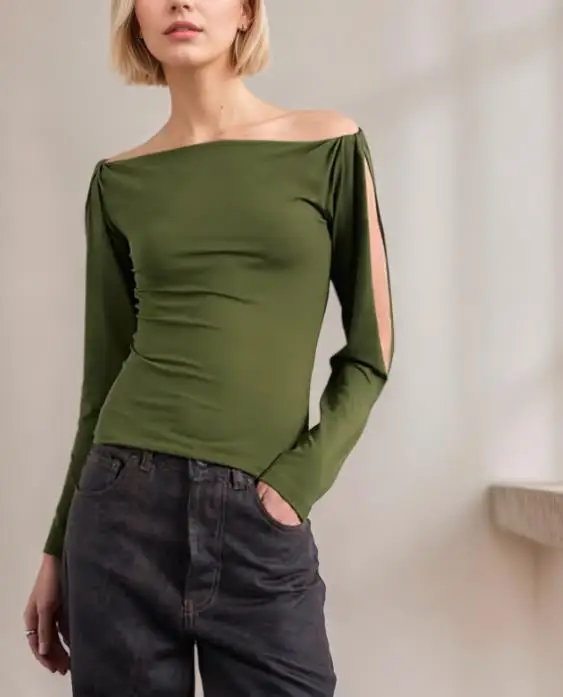 Women Blouse 2026 Spring Autumn New Solid Color Off Shoulder Long Sleeved Hollow Out Twisted Cuff Design Slim Fit Daily Top