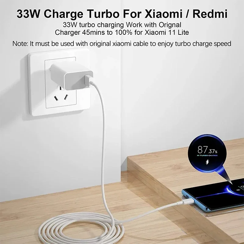 Ładowarka Xiaomi 33W QC 3.0 Szybkie ładowanie 6A Szybkie ładowanie Turbo Ładowarka do telefonu komórkowego Adapter USB typu C Kabel do Samsung Xiaomi — zdjęcie produktu 5