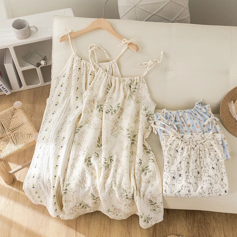 Women'S Camisole Nightdress 2026 New Summer Thin Sweet-Style Floral Double-Layer Pure Cotton Gauze Pajamas