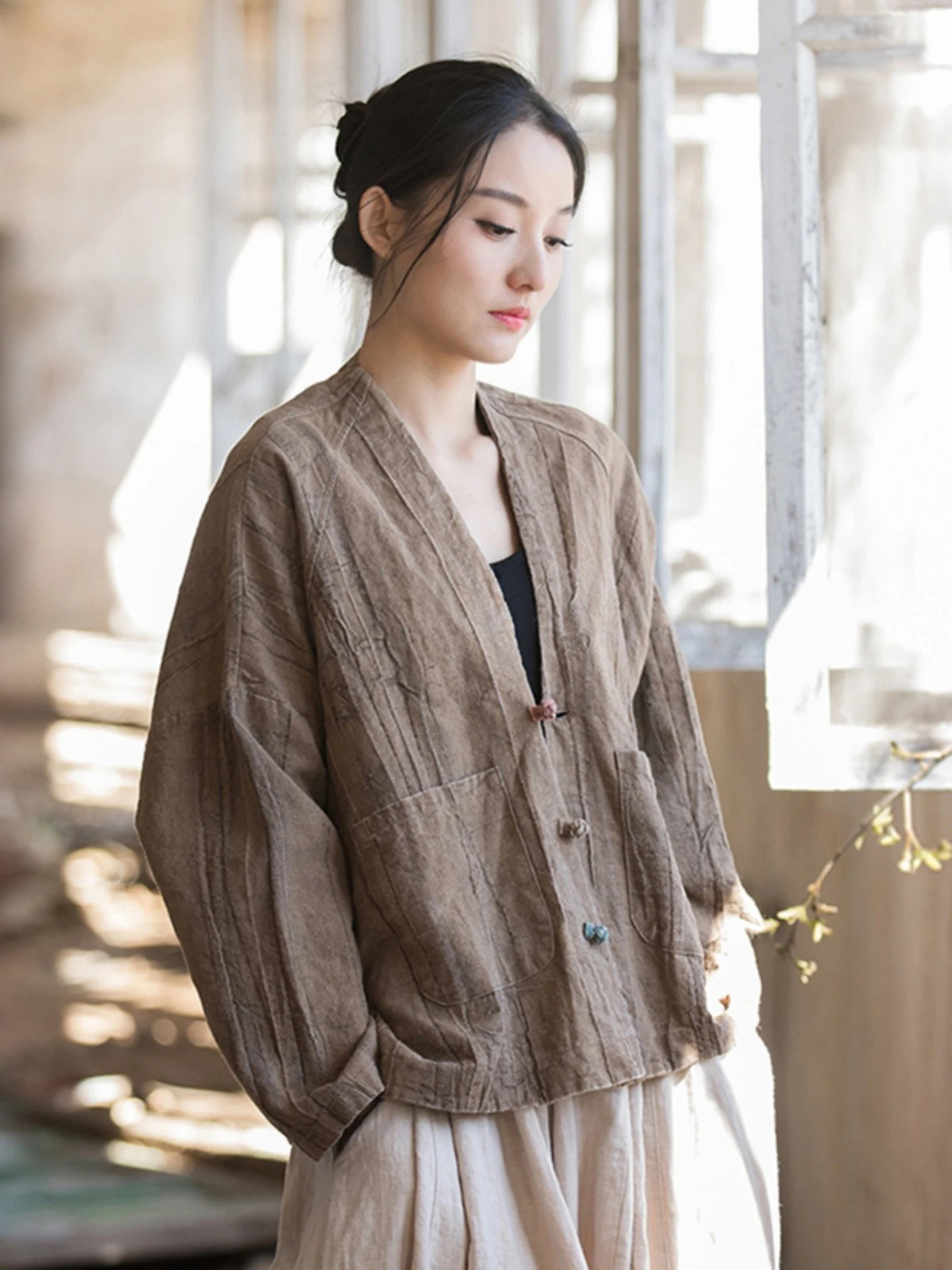 Retro Zen Style Women's Cotton Linen Open Cardigan Buttoned Worn out New Chinese Style Tea Costume Long Sleeve V-Neck Coat