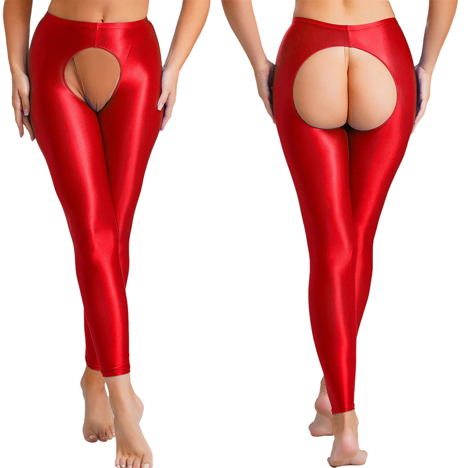 Yetişkin kadın iç çamaşırı Crothcless açık popo Legging yüksek bel Slim Fit parlak tayt pantolon erotik cazip porno külot