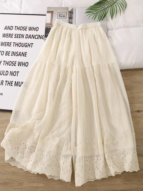 Ele Embroidered Skirt Pants Women's High Waist Loose Age-Defng Lace Trim Wide Leg Pants Summer 2025 New Arrival