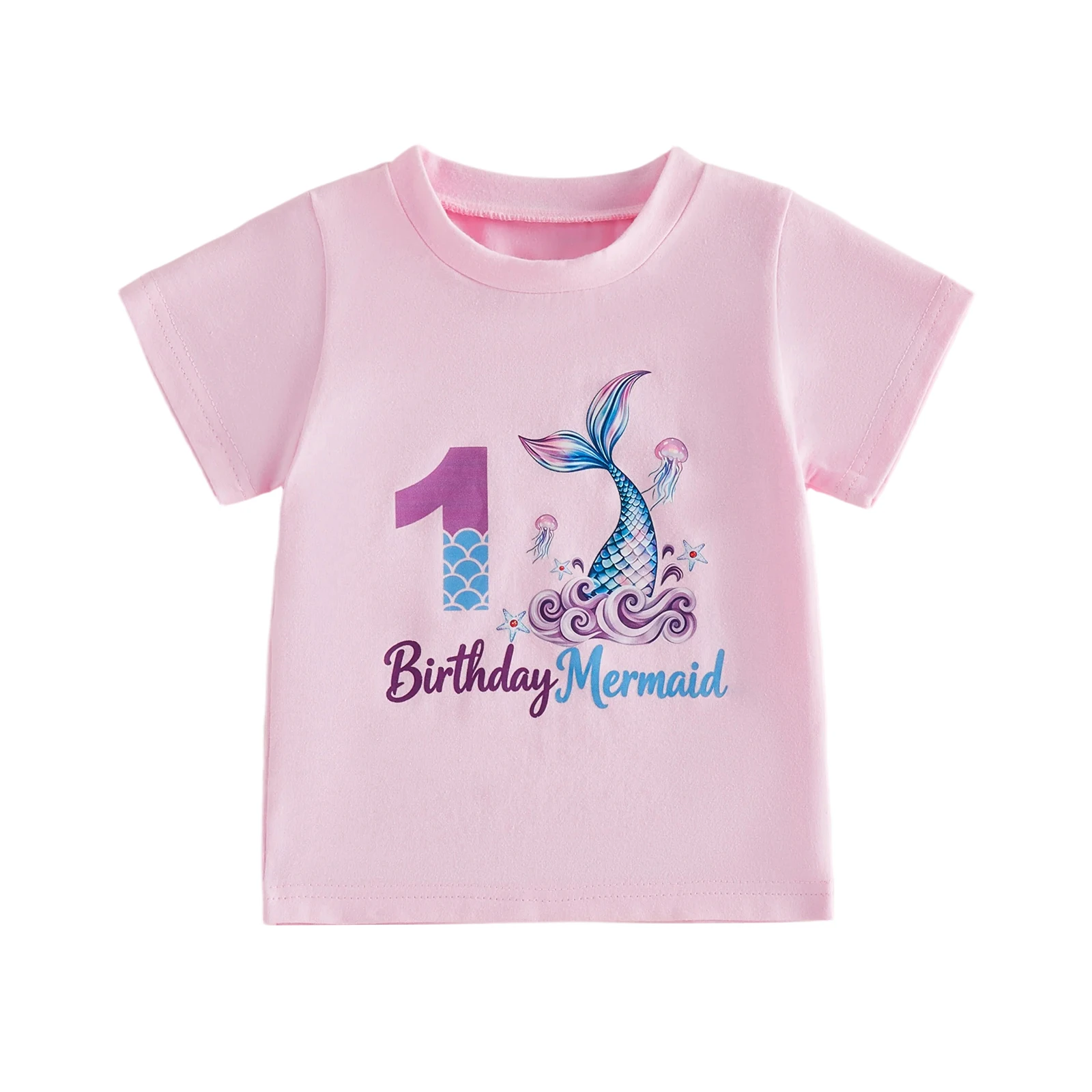 

Girls Casual Birthday Day Tops Short Sleeve Crewneck Letter Fishtail Girl Print Loose Fit T-shirt