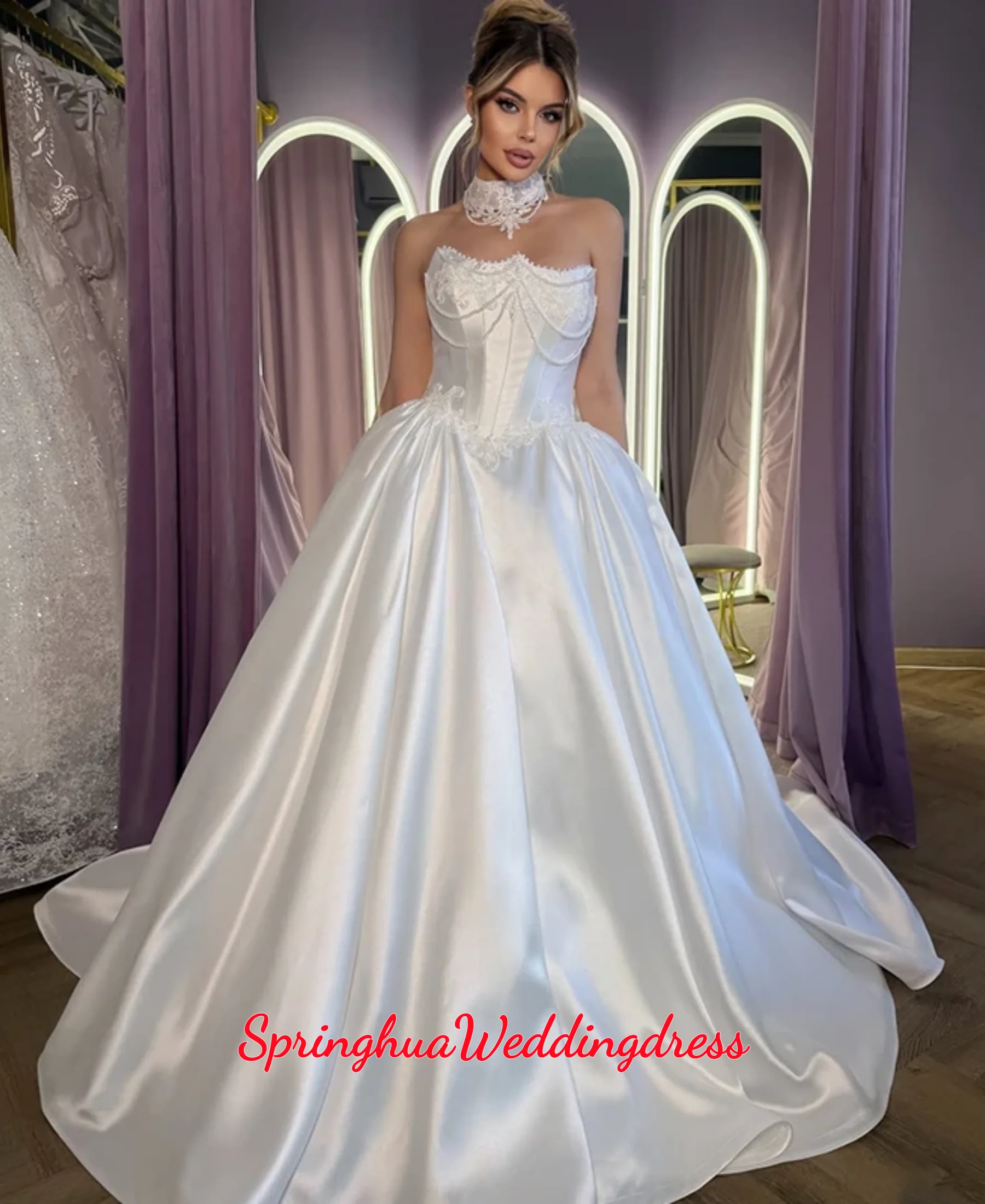 

Индивидуальное Элегантное Свадебное Платье Из Атласа С Жемчугом, А-силуэт, Бальное Платье Без Рукавов, Без Бретелек, С Пуговицами, Vestidos De Novia