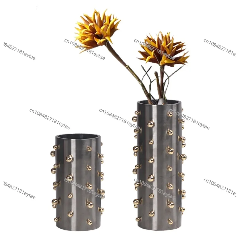 Golden Pearl Dot Cylinder Vase, Artificial Flower Pot, Aesthetic Desk & Room Decor