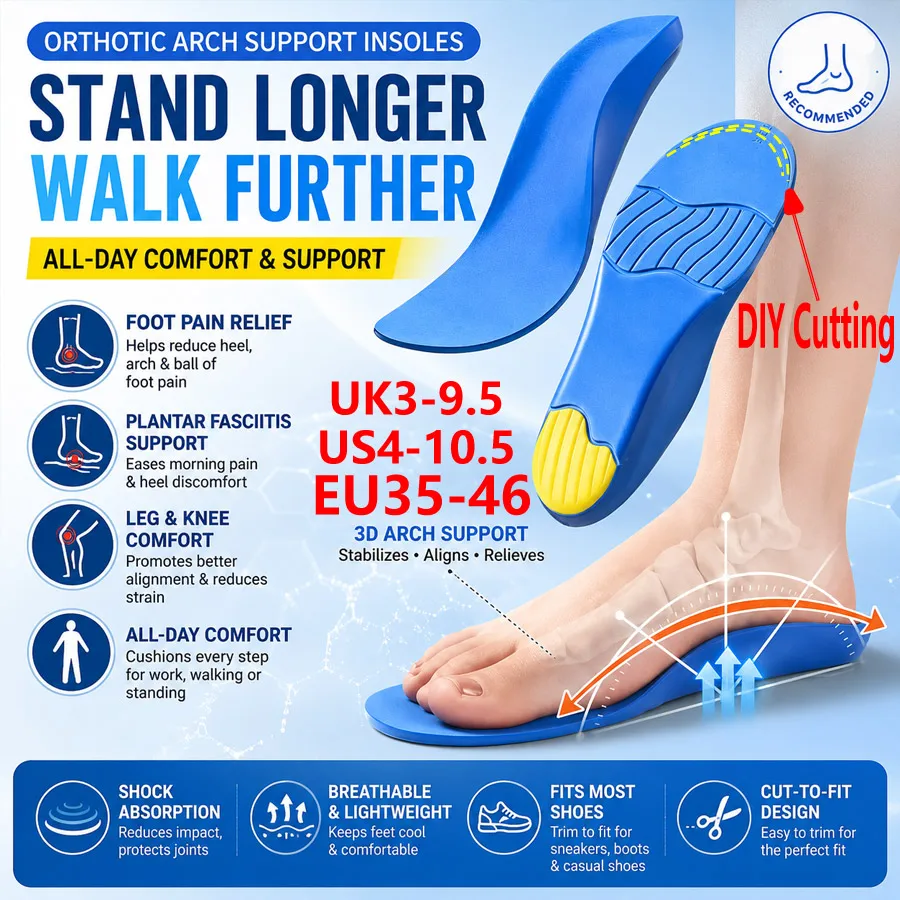 Unisex Breathable Arch Support Shoe Insoles EU35-46, Shock Absorb Massage Trimmable Pads for Daily Commute Running Work Boots