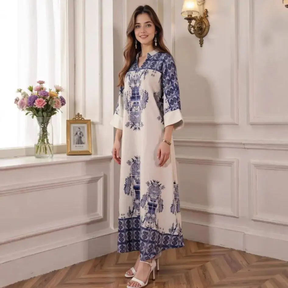 

Muslim Dress Women's Long Robe Ethnic Print Dresses Abaya Muslim Long Dress Robe Abaya Ramadan Dubai Luxury Islamic Elegant