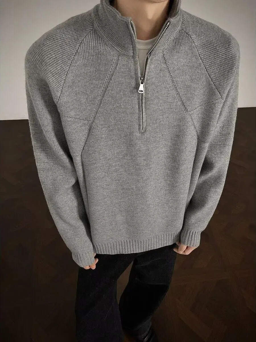 

Loose Fit Lazy Sle Pure Color f Zipper Stand Collar Knitted Sweater Autumn Winter Trendy Men's Casual Wear Home Outdoor
