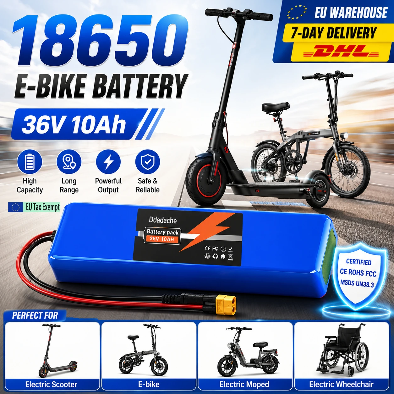 Batterie de secours portable au lithium-ion 36V 100Ah 10S3P assemblée avec des cellules 18650, panneau de protection BMS intégré, livrée avec un chargeur 42V 2A assorti