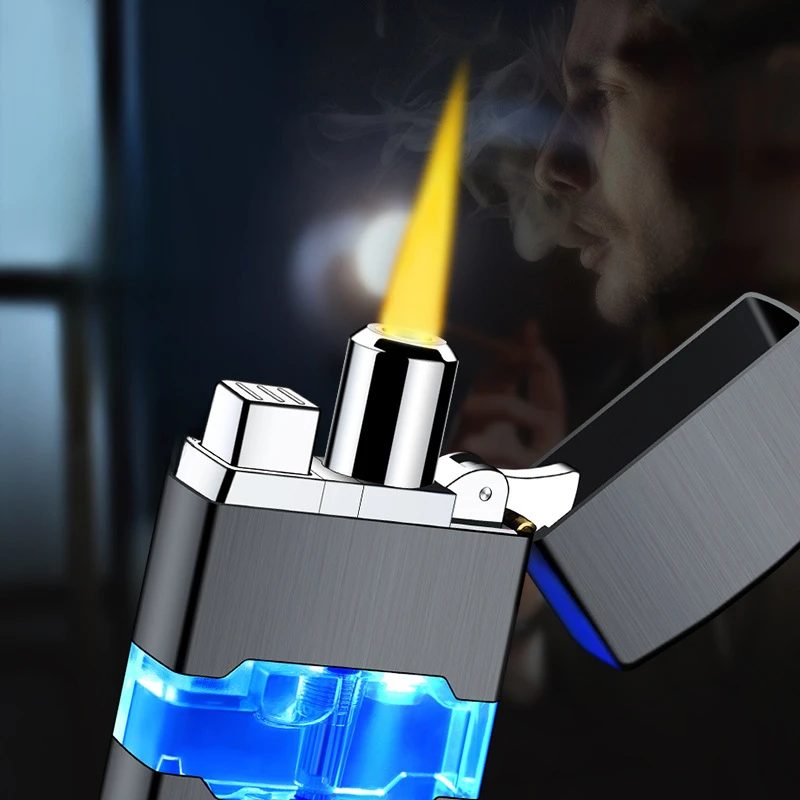 New Metal Vintage Gold Direct Flame with LED Blue Light Inflatable Windproof Lighter Cool Butane Gas Gentleman Series Lighter