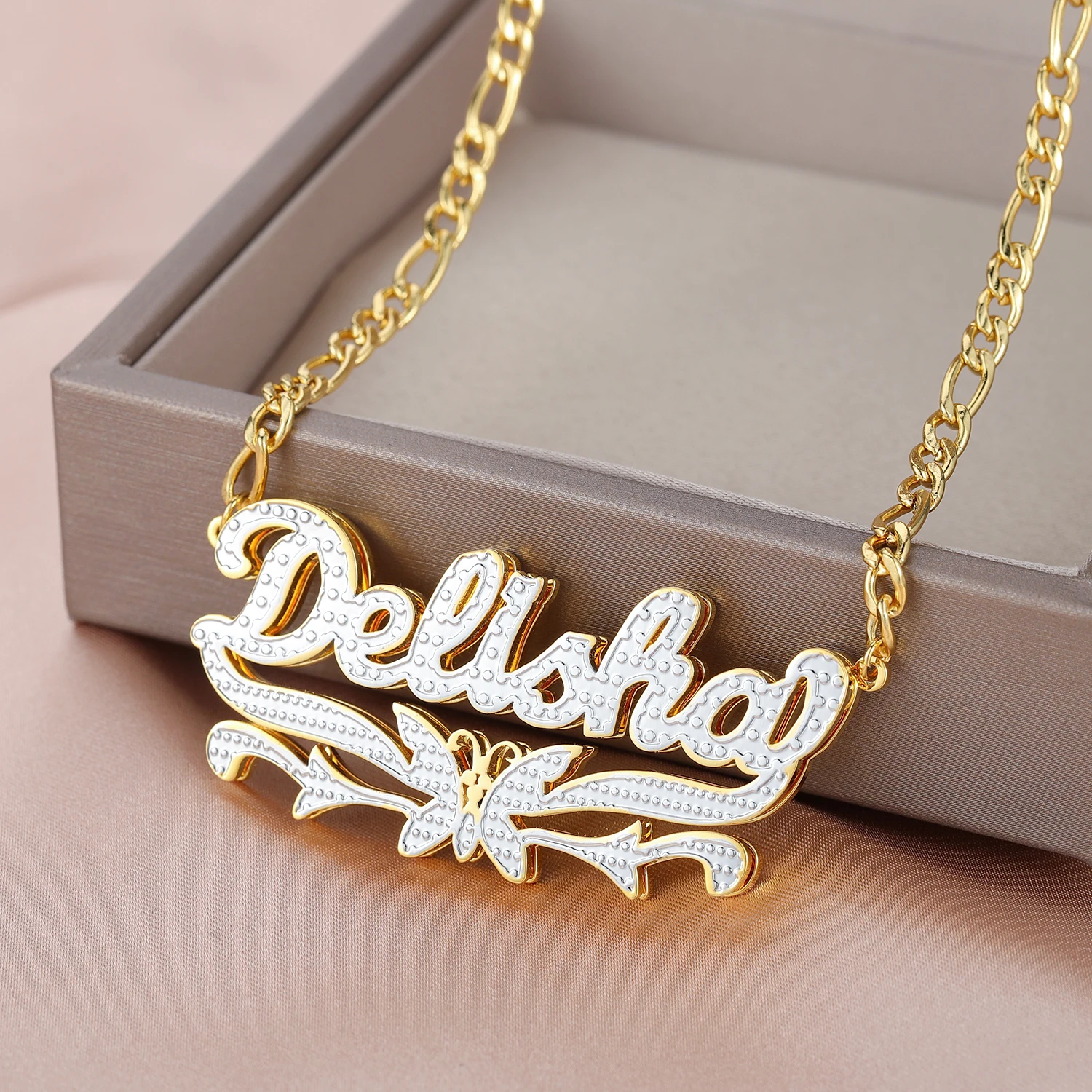 

Zciti Double Layer Custom Name Necklace With Butterfly Pendant Two-Tone Personalized Gold Stainless Steel Name Jewelry For Women