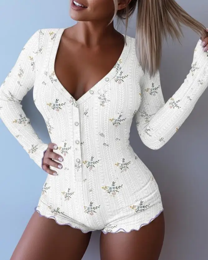 

2025 autumn new women's fashionable floral print V-neck button front pleated jumpsuit slim fit jacquard texture jumpsuit