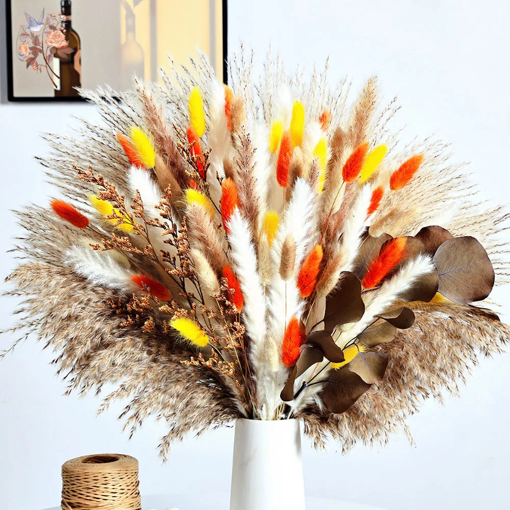 80 Pieces Natural Fluffy Pampas Grass Dried Flower Autumn Home Decor Preserved Apple Eucalyptus Leaves Fall Wedding Arrangements