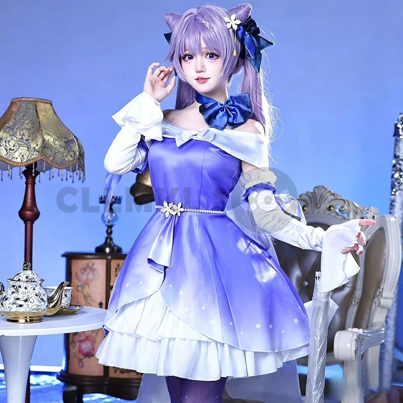 

Genshin Impact Keqing Cosplay Costume Wig Resplendent Feast Dress Bow Tie Headwear Props Full Set For Women Girls Carnival Party