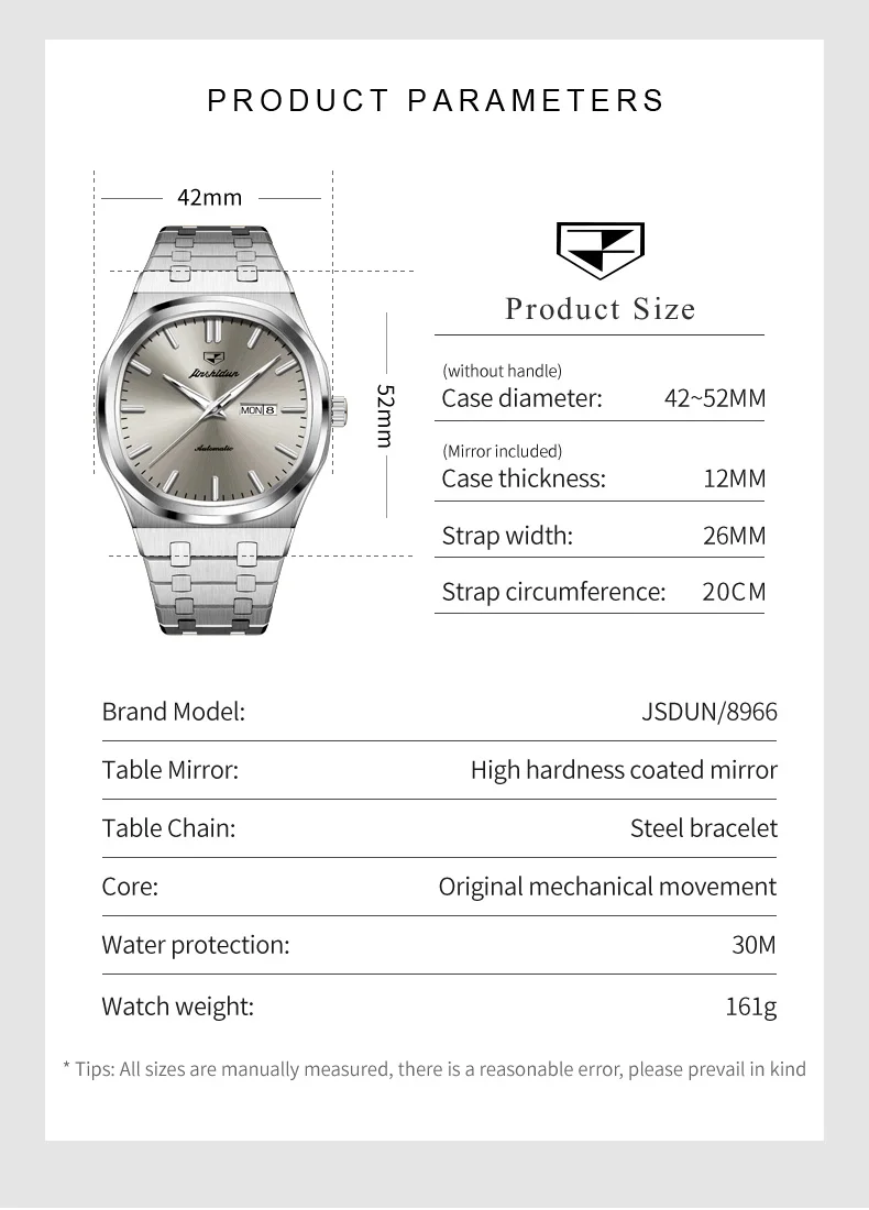 JSDUN 8966 Herrenuhr, Luxusmarke, Edelstahl, automatisches Datum, tief, wasserdicht, automatische mechanische Herrenuhr