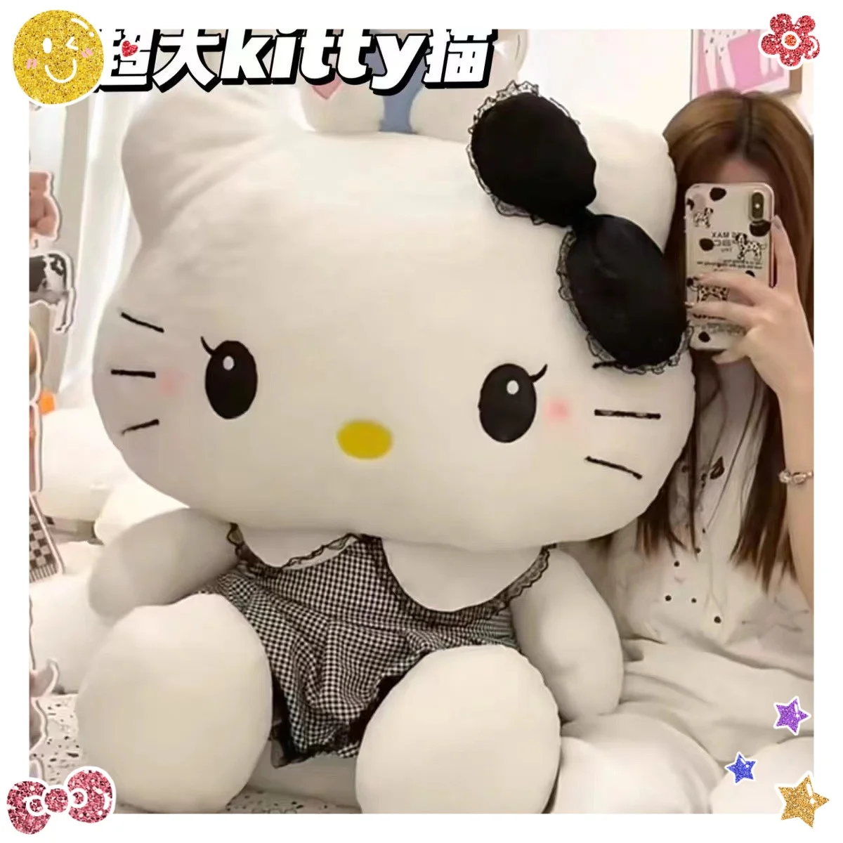 Sanrio Large 70cm New Dark Hello Kitty Plush Toys Kawaii Hello Kitty Doll Pillow Room Decoration Girl Birthday Surprise Gift