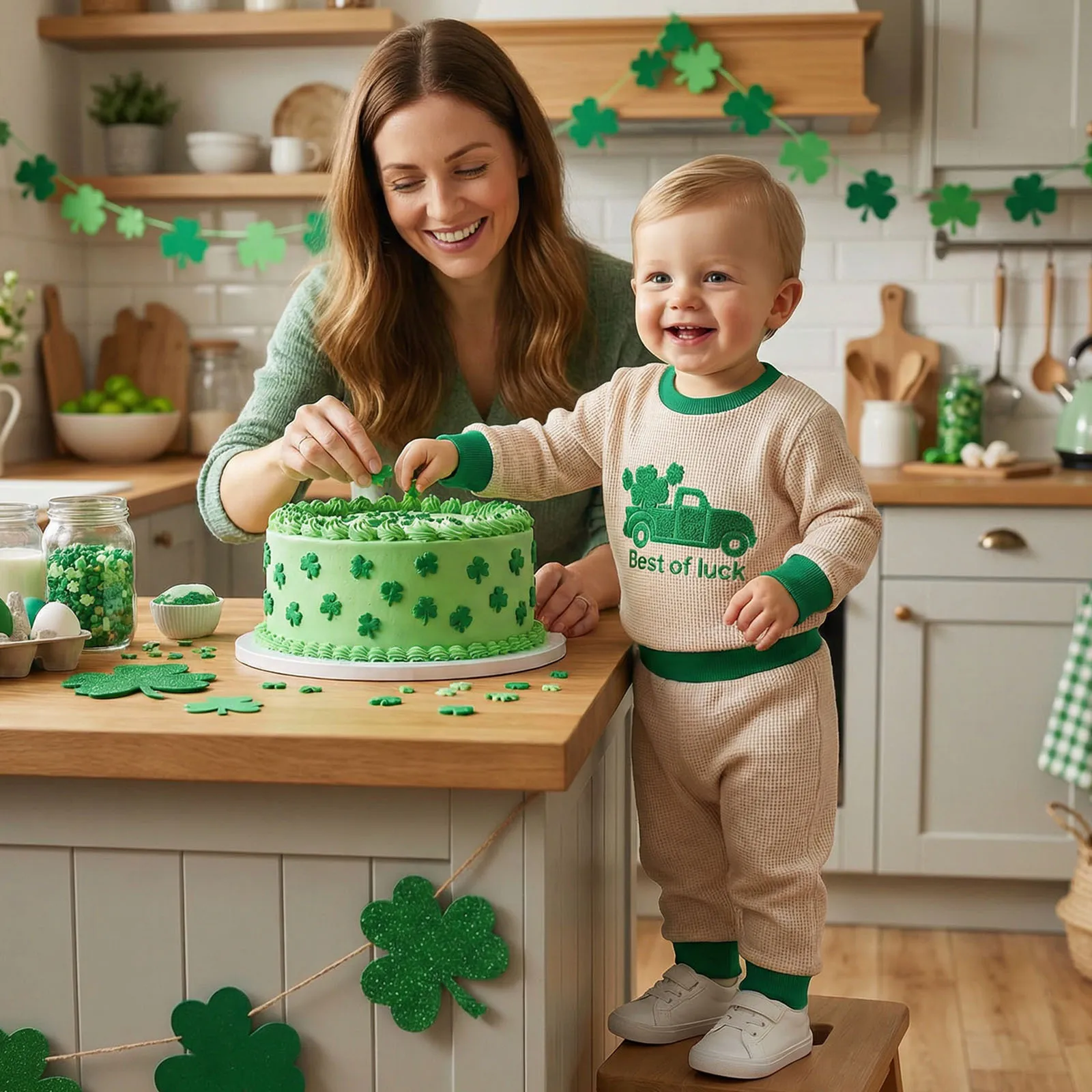 

Ирландский наряд для маленьких мальчиков с вышивкой в ​​виде буквы Shamrock, комбинезон с длинными рукавами и круглым вырезом и брюки с эластичной резинкой на талии, комплект