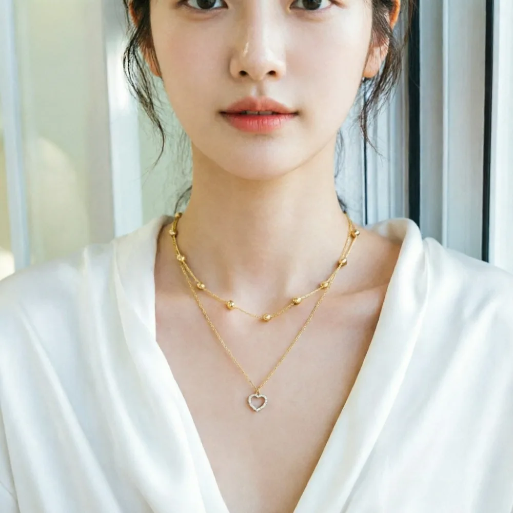 New Fashion Double Layer Heart Necklace Zircon for Women Elegant Charm Wedding Clavicle Chain Jewelry Gifts Party Accessories