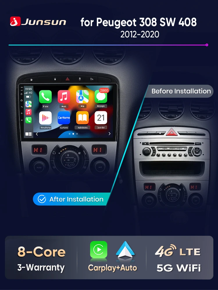 Junsun Android Auto Auto Radio Für Peugeot 308 308 SW 408 2012 2013-2020 Multimedia Drahtlose CarPlay SWC GPS Navi RDS DSP FM